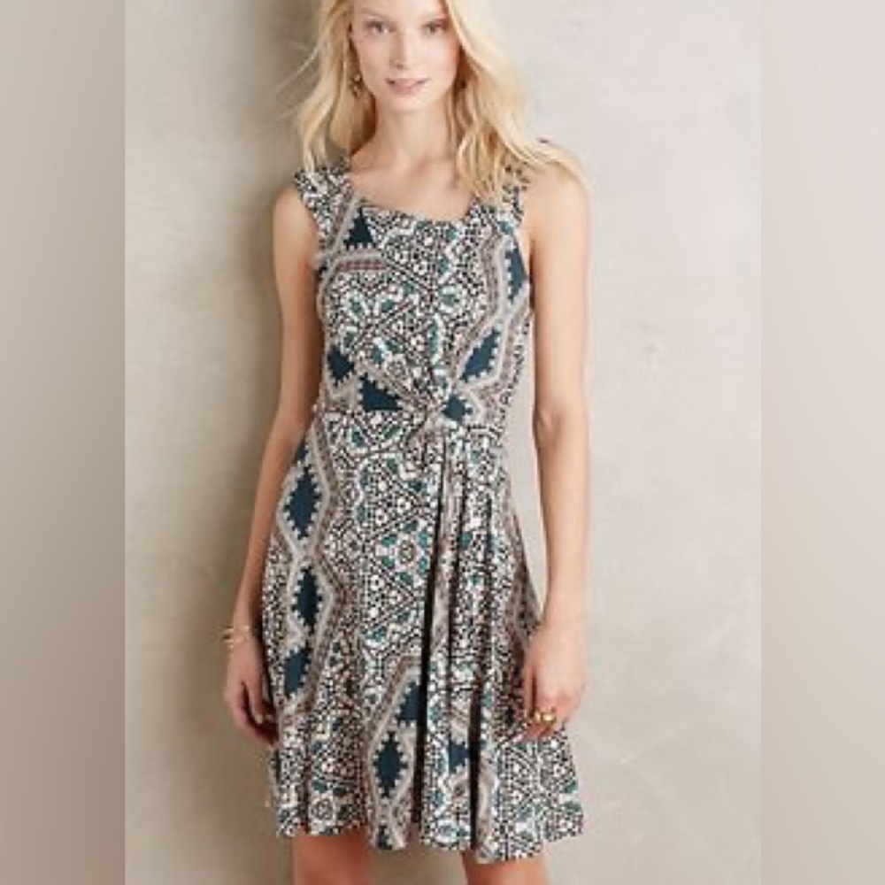 Anthropologie HD in Paris modal art deco asymmetrical midi dress turquoise sz M